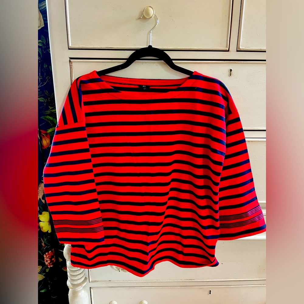 NWOT JCrew red and navy stripe boxy 3/4 sleeve top
